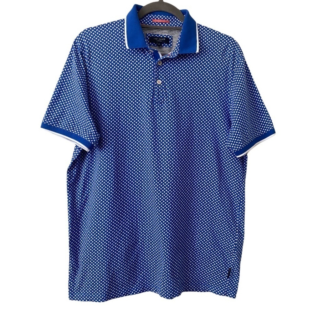 Ted Baker London Bright Royal Blue White Pattern Cotton Short Sleeve Polo Size 4